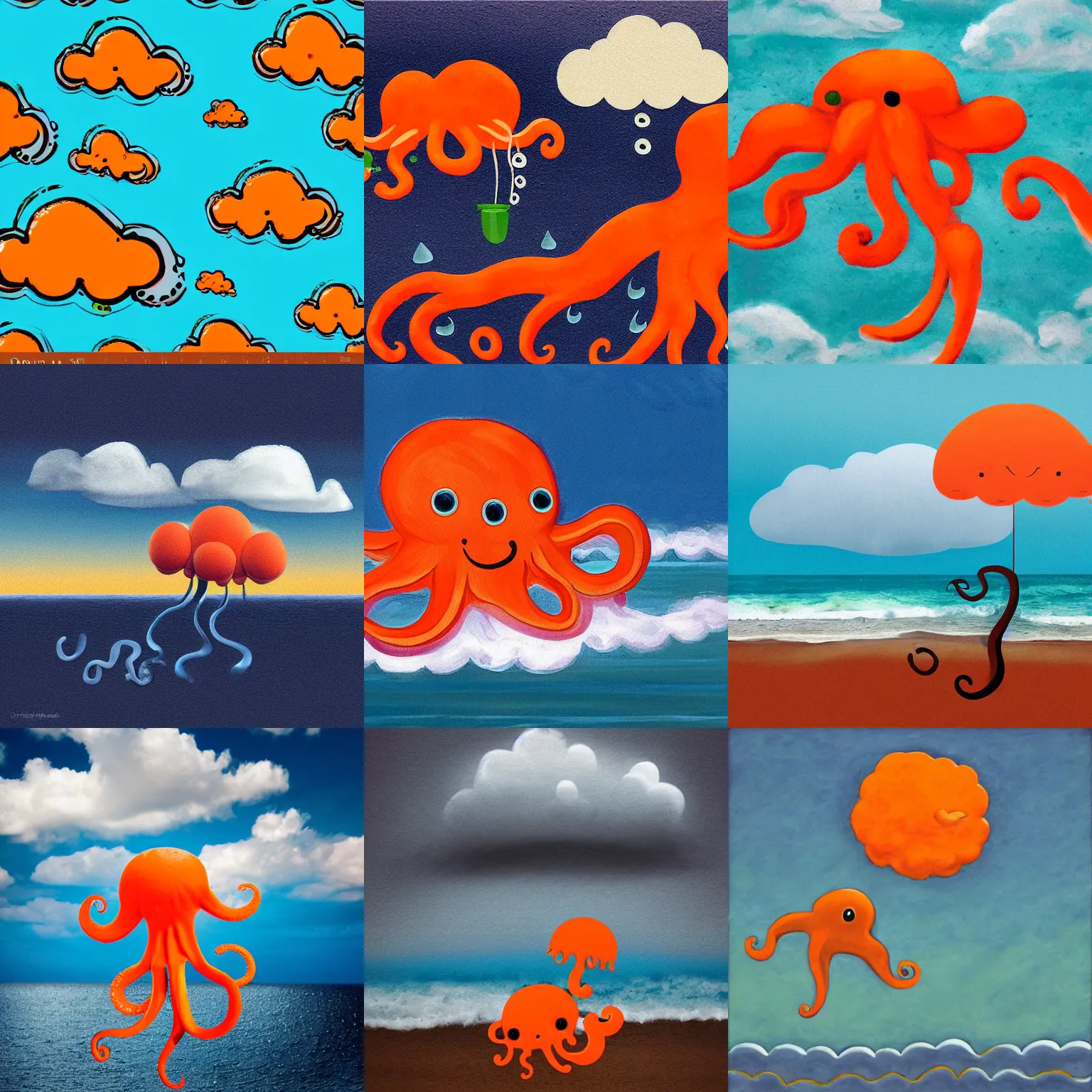 Prompt: Rain cloud over the ocean with orange octopus. classical style