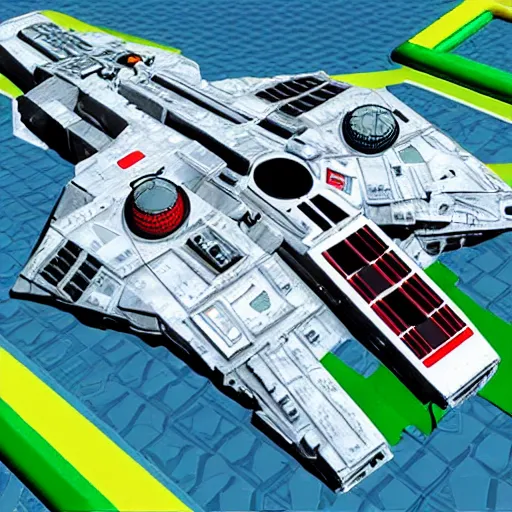 Image similar to screenshot from a Nintendo 64 game featuring the millennium falcon, low polygon, 90s video game aesthetic