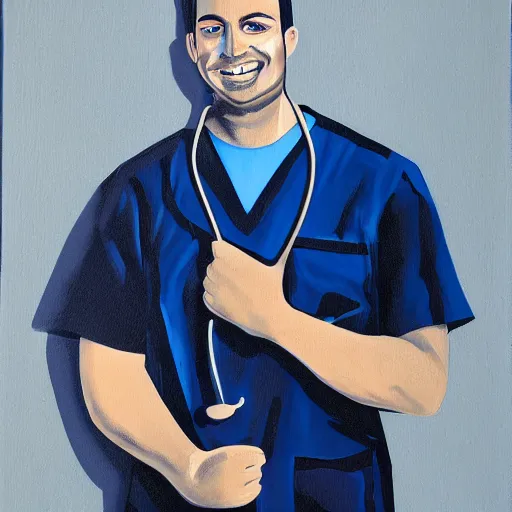 Prompt: lonely male nurse in dark blue scrubs, painting, dark colors, contrast, dark background