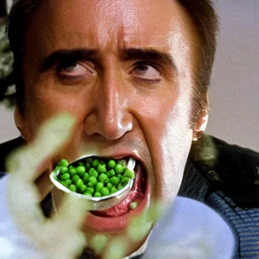 Prompt: nicolas cage screaming with a mouth full of peas, movie still, the wicker man