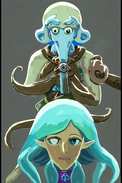 Prompt: an in game portrait of squidward from the legend of zelda breath of the wild, breath of the wild art style.