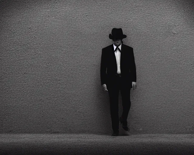 Prompt: mysterious man in black suit and black fedora hat and black shoes, he has a pistol!!, mysterious, 4 k, highly detailed, digital art, strong shadows, high contrast, epic scene, atmospheric, blue colours, award winning photo