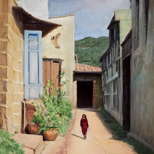 Image similar to A photograph of a Colombian woman in a peach dress, walking away from camera, down a narrow sandstone alley with rough-hewn sandstone building either side, and a varnished wooden door on the right. Ahead is a lantern, attached to the right wall. Late afternoon on a sunny day. Detailed oil painting