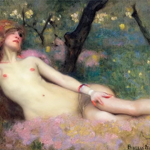 Prompt: a young person, half male and half female, gaston bussiere, reclining