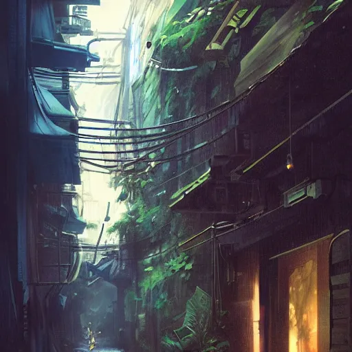 Image similar to an alley in singapore, art by greg rutkowski