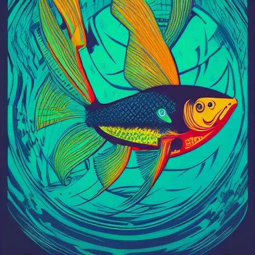 Image similar to one stylized fish, saturated colors, viewed in profile, dark ocean, complex patterns, artstation, intricate, realistic, highly detailed, digital painting, concept art, sharp focus, illustration by tom whalen and charles williams and kilian eng and james jean