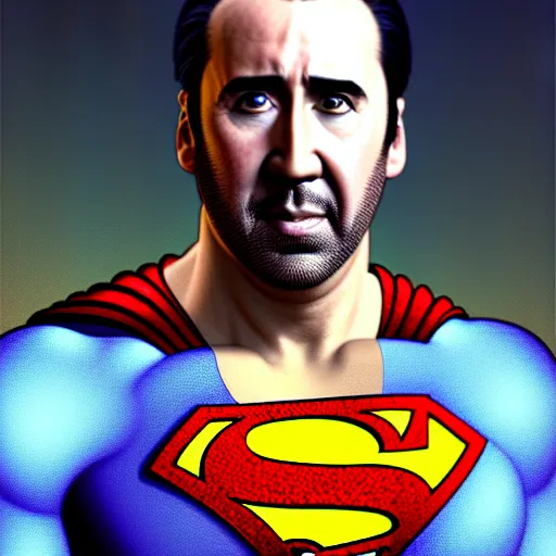 Image similar to upper body portrait of nicolas cage as superman, intricate, elegant, highly detailed, digital painting, artstation, concept art, smooth, sharp focus, illustration, art by artgerm and greg rutkowski and alphonse mucha, award winning, 8 k