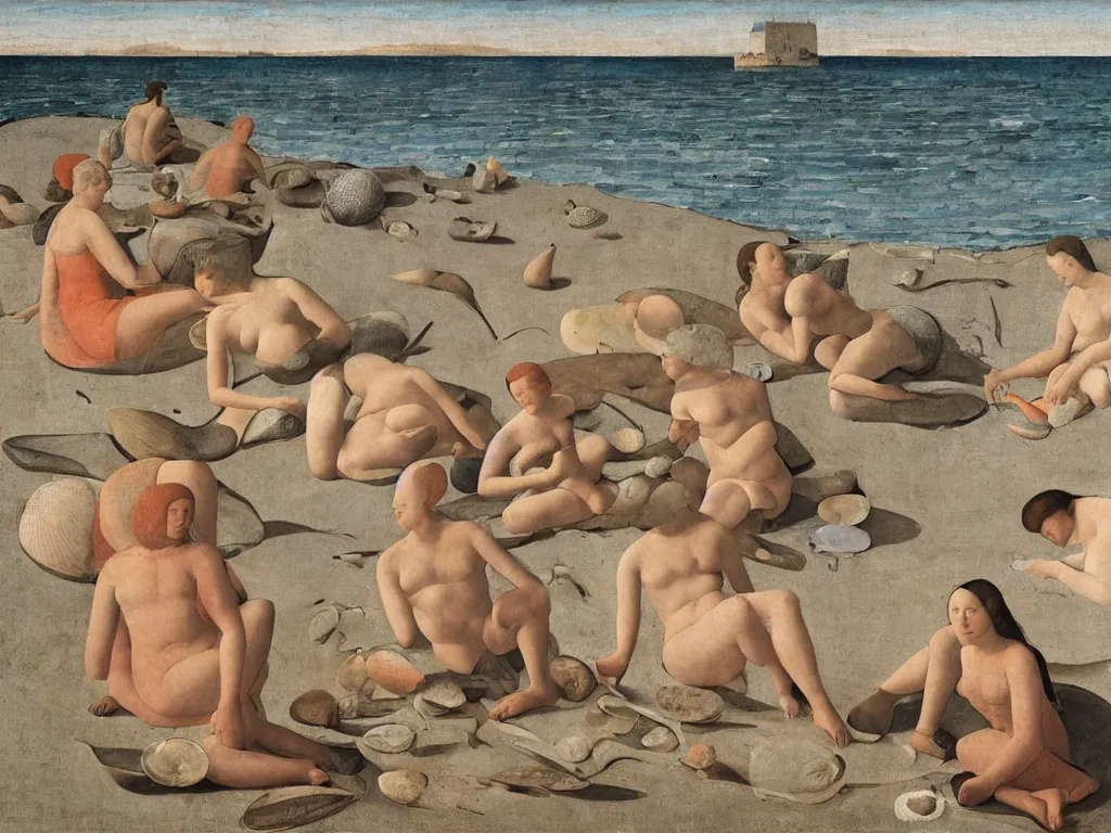 Image similar to Women and men sitting on the sand collecting sea sea shells and corals. Landscape sculpted by Henri Moore. Painting by Piero della Francesca, Morandi, Balthus