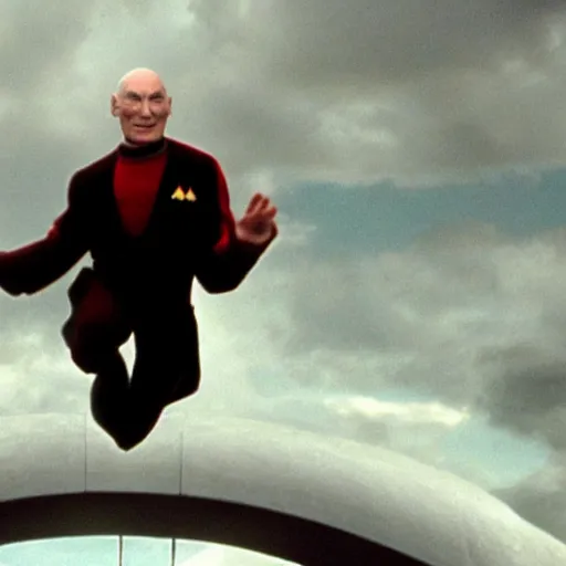 Image similar to Captain Picard jumping from the Starship enterprise