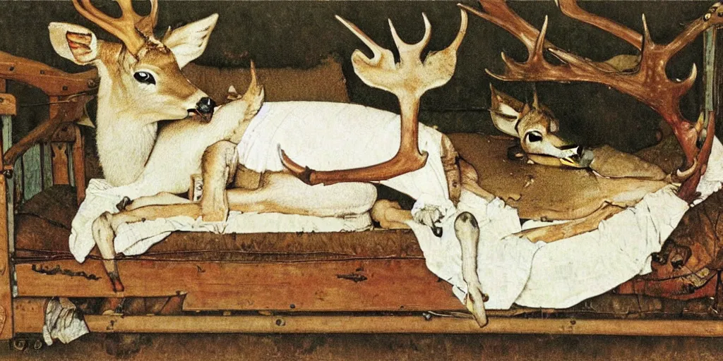 Prompt: one deer with antlers sleeping on a cot, norman rockwell