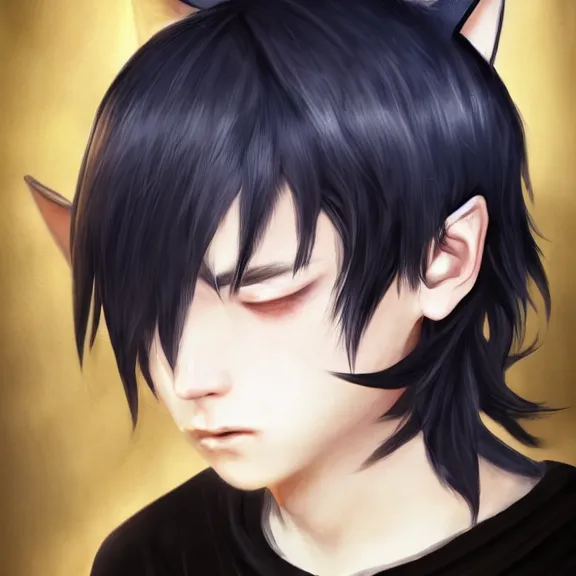 Prompt: blushing emo boy with cat ears and tail, fantasy artwork, award winning, hyper detailed, very beautiful, studio lighting, artstation