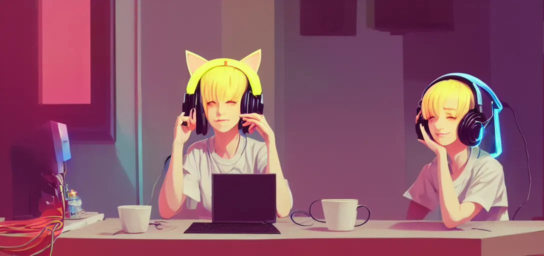 Image similar to a blond woman with cat ear headphones, sitting in front of computer, gamer, computer nerd, cute room, neon lights, gamer aesthetic, lofi vibes, strong crisp lineart and flat color, by ilya kuvshinov, krenz cushart, Greg Rutkowski, trending on artstation