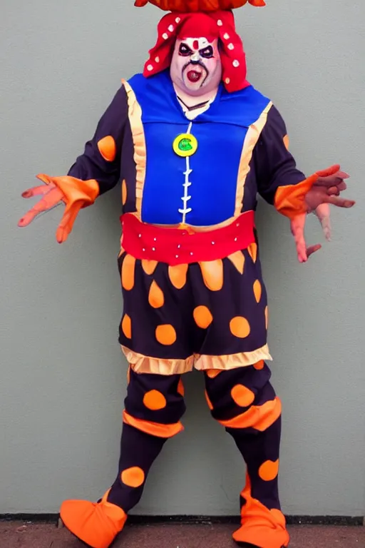 Image similar to scary obese jester halloween costume, best of halloweencostumes, man in a jester costume,