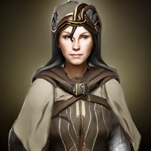 Image similar to portrait of a female cleric for a fantasy videogame, horns growing out of head, dark robes