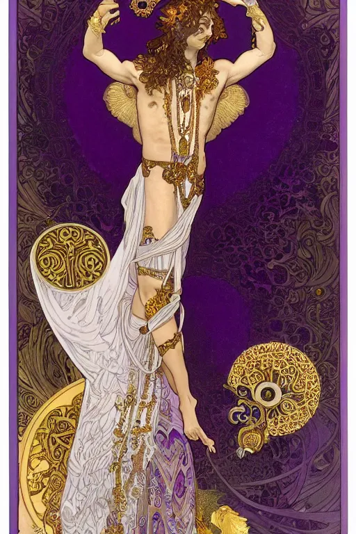 Prompt: thanatos, beautiful male god of death, closed eyes, long hair, wearing ornate silk and lace clothes, gold jewelry, moon, purple feathers, by Alphonse Mucha, rule of thirds, super detailed, 8k