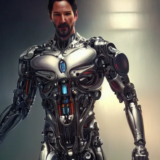 Image similar to full figure ultra realistic illustration, keanu reeves as cyborg, intricate, elegant, highly detailed, digital painting, artstation, concept art, smooth, sharp focus, illustration, art by artgerm and greg rutkowski and alphonse mucha