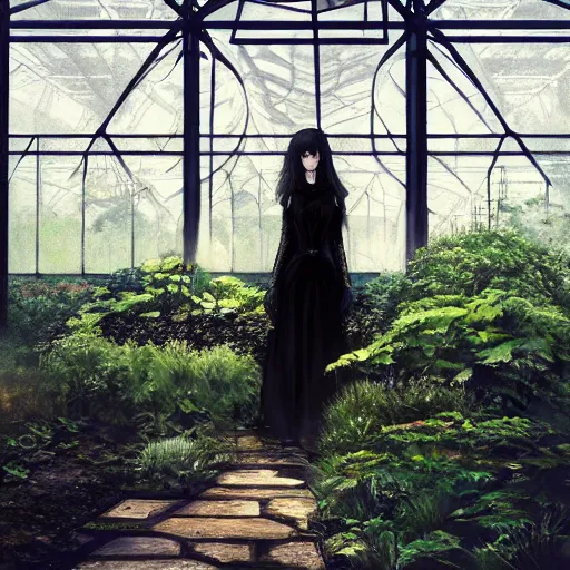 Prompt: portrait of a woman in a black dress standing in an elegant greenhouse garden, dramatic lighting, illustration by greg rutkowski, yoji shinkawa, 4 k, digital art, concept art, trending on artstation