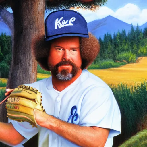 Image similar to a closeup photorealistic photograph of bob ross crafting an image of kenny powers autographing a baseball, painting on a canvas. mountains and trees. film still. brightly lit scene. this 4 k hd image is trending on artstation, featured on behance, well - rendered, extra crisp, features intricate detail, epic composition and the style of unreal engine.