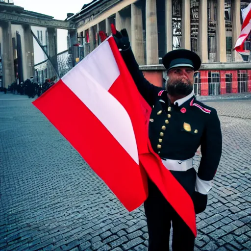 Image similar to a portrait of a socialist bear in a military uniform with a big hat, waving a red flag in Berlin, 4K realistic, hyper detailed, cinematic lighting, wow factor, award winning photo