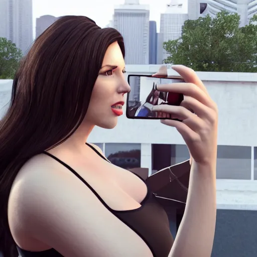 Image similar to « angela white taking a selfie, photorealistic, unreal engine 5, sharp focus, building in the background »