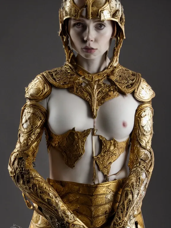 Image similar to a dramatically lit art nouveau white marble head and torso sculpture of a worried young karen gillan as joan of arc, wearing intricate gold plate armor on her chest, delicate, intricate, smooth, beautiful, glowing, by charles van der stappen