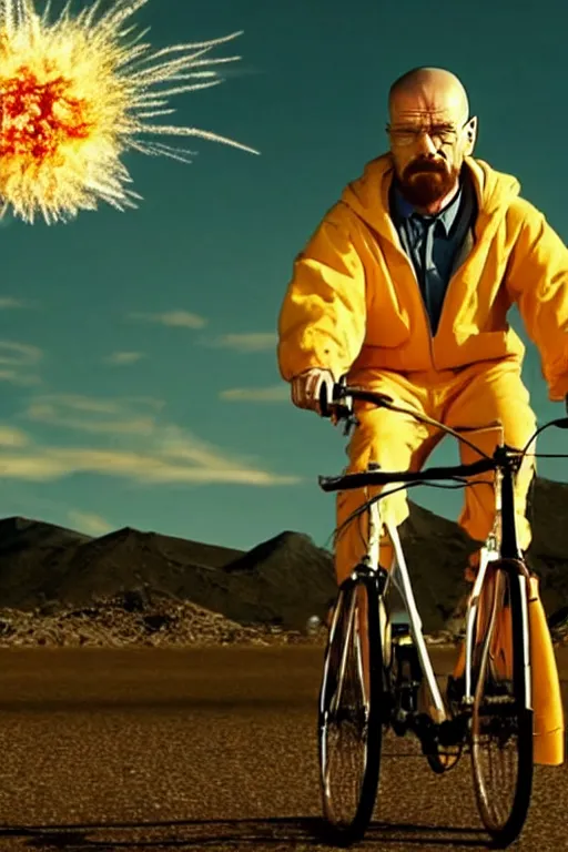 Image similar to photo of walter white riding a bike with an exploding building behind him, color, cinematic lighting