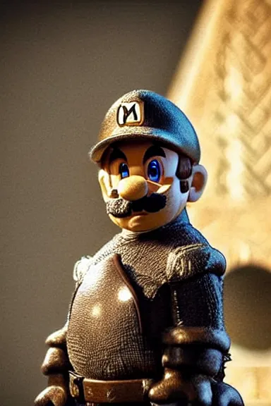 Image similar to “ very intricate photorealistic photo of a a realistic human version of super mario in an episode of game of thrones, photo is in focus with detailed atmospheric lighting, award - winning details ”