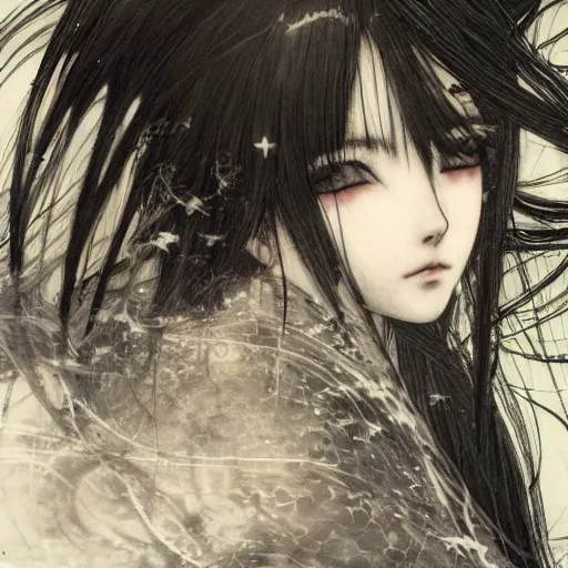 Prompt: Yoshitaka Amano blurred and dreamy illustration of an anime girl with black eyes, wavy white hair fluttering in the wind and cracks on her face wearing elden ring armor with engravings, background with abstract black and white patterns, noisy film grain effect, highly detailed, Renaissance oil painting, weird portrait angle, three quarter view