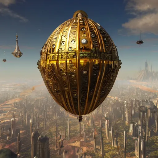 Image similar to enormous flying city in a faberge egg, sky, steampunk, fantasy art, masterpiece, unreal engine