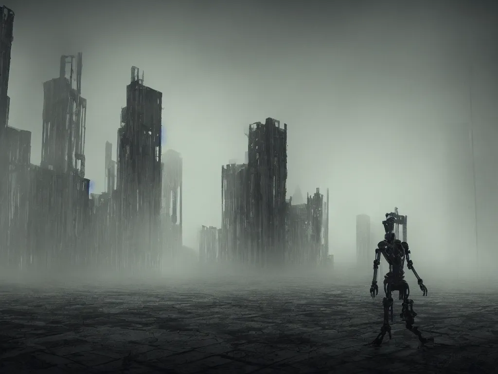 Image similar to robotic black metal band, humanoid, baroque, brutalist structures in the background, atmospheric fog, octane render, cinematic, 8 k