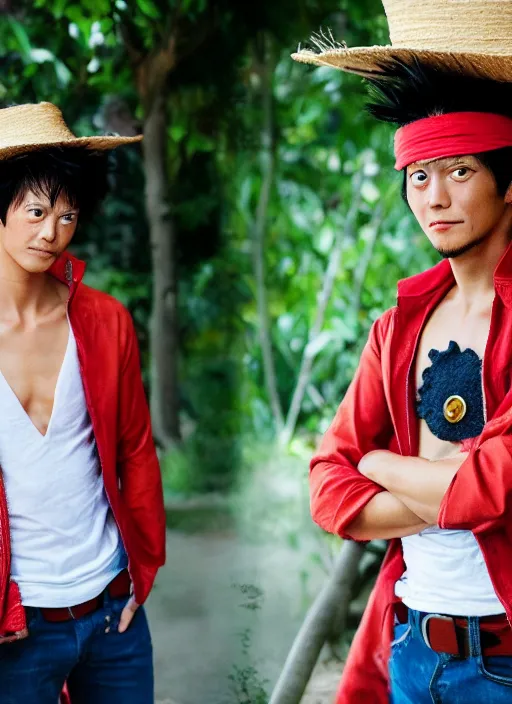 Prompt: A full portrait photo of real-life luffy one piece, f/22, 35mm, 2700K, lighting, perfect faces, award winning photography.