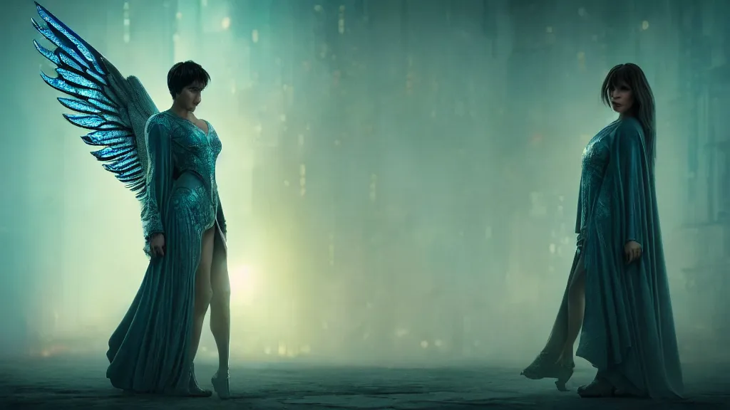 Image similar to angel, big wings, low key light, full plate armor with cloth, f 1 6, bokeh, blade runner 2 0 4 9, medium portrait, gentle, female, ornate city ruins, landscape, d & d, fantasy, intricate, elegant, highly detailed, teal white gold color palette, roger deakins, sharp focus, greg rutkowski and alphonse mucha