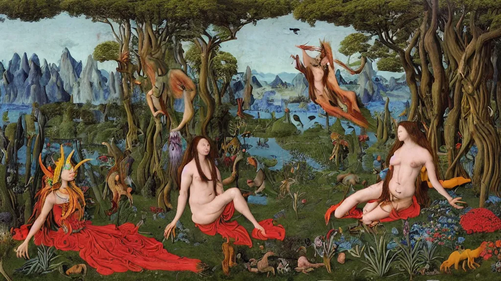 Prompt: a photograph of a meditating centaur shaman and a harpy mermaid mutating into beautiful mammals. surrounded by bulbous flowers and a few trees and animals. river delta with mountains under a blue sky full of burning stars and birds. painted by jan van eyck, max ernst, ernst haeckel, ernst fuchs and artgerm. trending on artstation