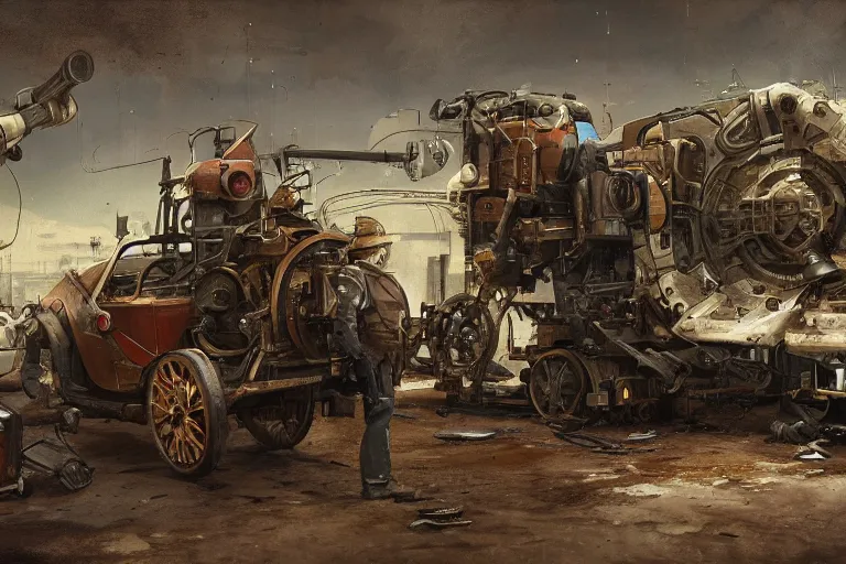 Image similar to repairing a vehicle on a machine world, year 1 9 1 4, artstation