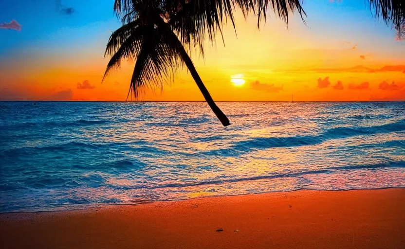 Prompt: a tropical beach with a beautiful sunset