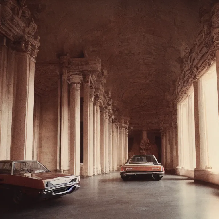 Image similar to 1 9 7 0 s car inside a marble temple, film photo, soft lighting album cover, nostalgia, gradient, light reflection