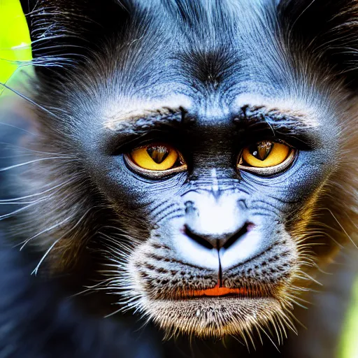 Image similar to a feline cat - chimpanzee - hybrid, animal photography