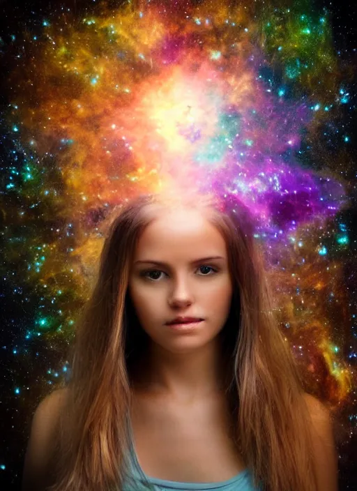 Prompt: Portrait shot of a beautiful girl with a nebula representing neurology beautifully emulating from her head