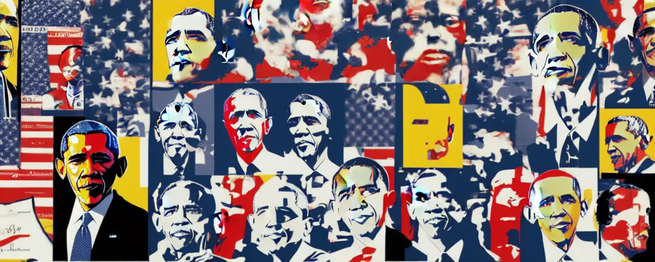 Prompt: a collage poster of obama designed by mike mcquade