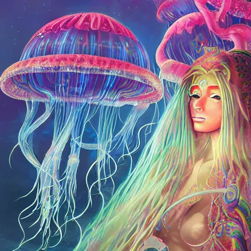 Prompt: iridescent painting of the sekhmet of the jellyfish goddess, jellyfish shrine maiden, jellyfish temple, jellyfish priestess, jellyfish hierophant, jellyfish protectress, undersea temple, underwater shrine, neon jellyfish, coral temple, ocean ruins, art by jarold Sng, by artgerm, by Eddie Mendoza, by Peter mohrbacher, by tooth wu, by trending on artstation, cgsociety unreal engine, octane render, cinematic light, high details, iridescent colors, macro, cyan and magenta, rainbow colors, cinematic top lighting, insanely detailed and intricate, Charlie Bowater, golden ratio, symmetric, elegant, ornate, luxury, elite, matte painting, cinematic, trending on cgsociety, 8k, high resolution, rich deep colors, by Kyuyong Eom
