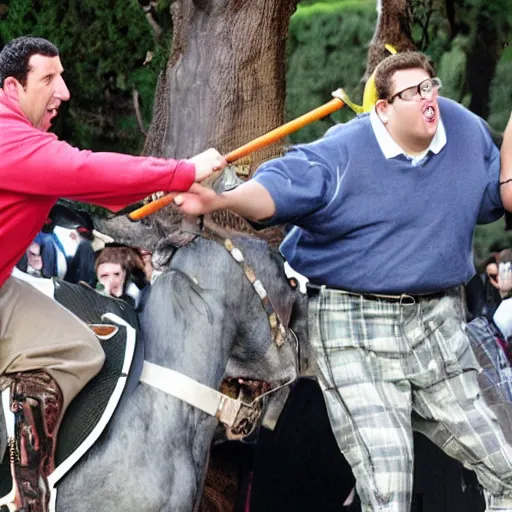 Image similar to adam sandler and jonah hill jousting