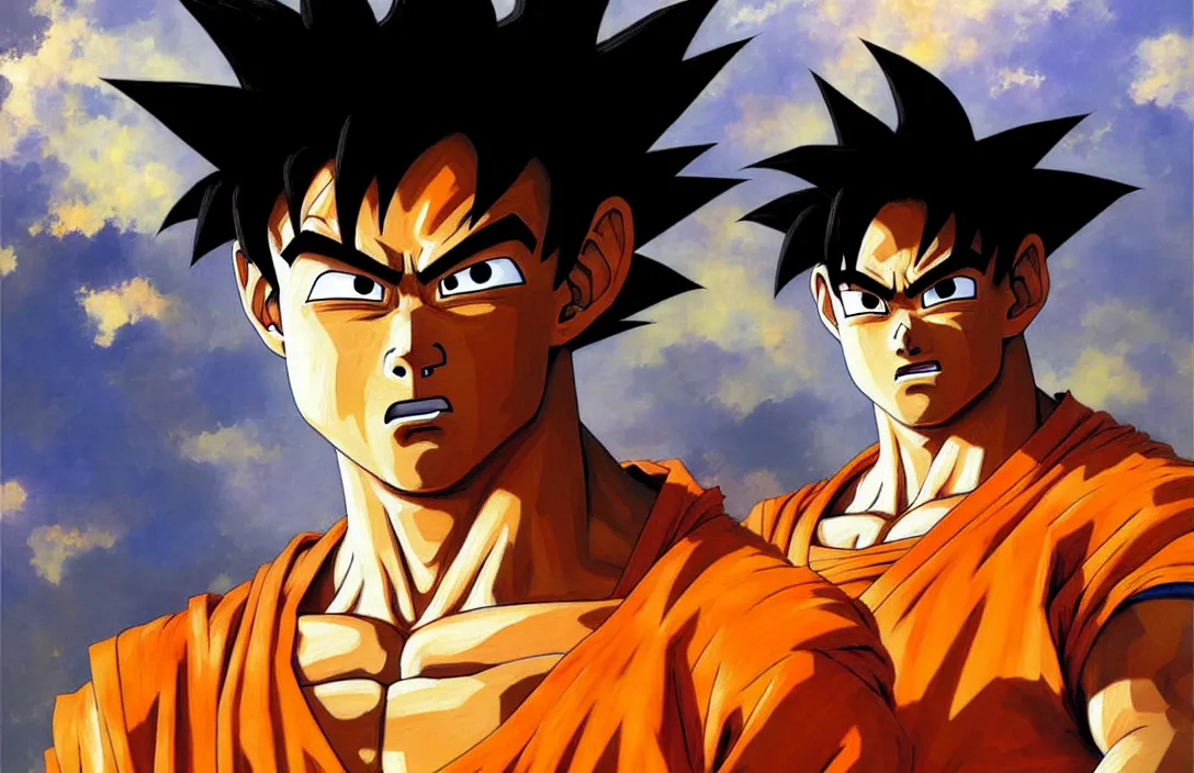 Image similar to portrait of son goku!!!!!!!!!!!!!!!!!!!!!!!!!!!, detailed face, detailed painting,, epic lighting, by ilya repin, phil hale and kent williams