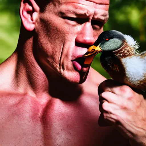 Prompt: John Cena eating a duck, 40nm lens, shallow depth of field, split lighting, 4k,