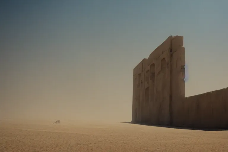 Image similar to gigantic monolithic architecture, open walls let in a sand storm, concrete pillars, ancient sci - fi elements, on an alien planet, sun is blocked by dust, pale orange colors, cinematographic wide angle shot, directed by christopher nolan