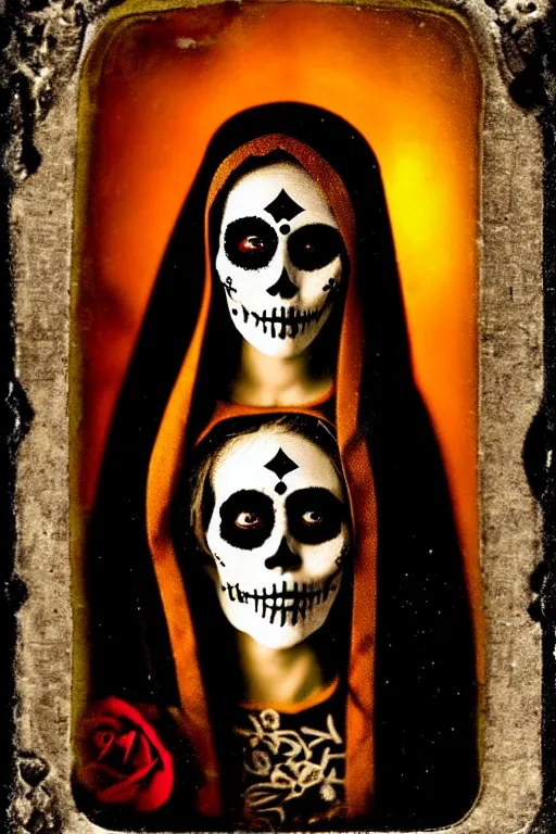Image similar to tintype virgin mary in dia de muertos dress and make up, horrific beautiful vibe, evocative, atmospheric lighting, painted, intricate, highly detailed,
