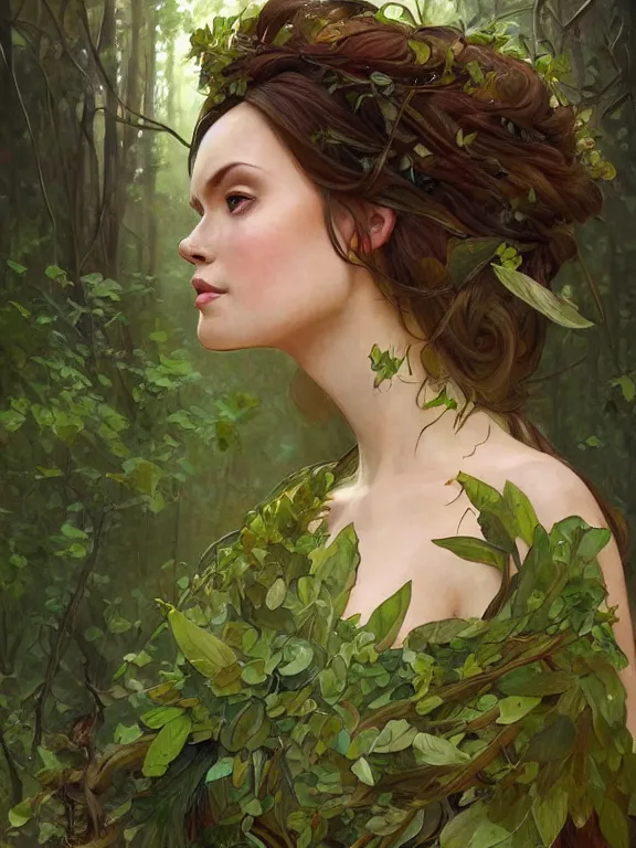 Prompt: portrait of a forest mage, female, delicated facial features, looking at you, dress made of green leaves, gorgeous, green hair, brown skin, curves, shapely derriere, forest background, highly detailed, smooth, digital painting, artgerm and greg rutkowski and alphonse mucha