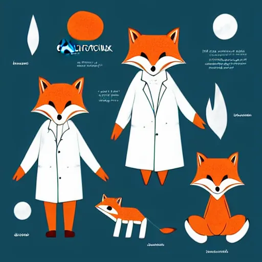 Image similar to child book digital illustration of a cute Anthropomorphic fox in a white lab coat, stunning, fluffy, high detail