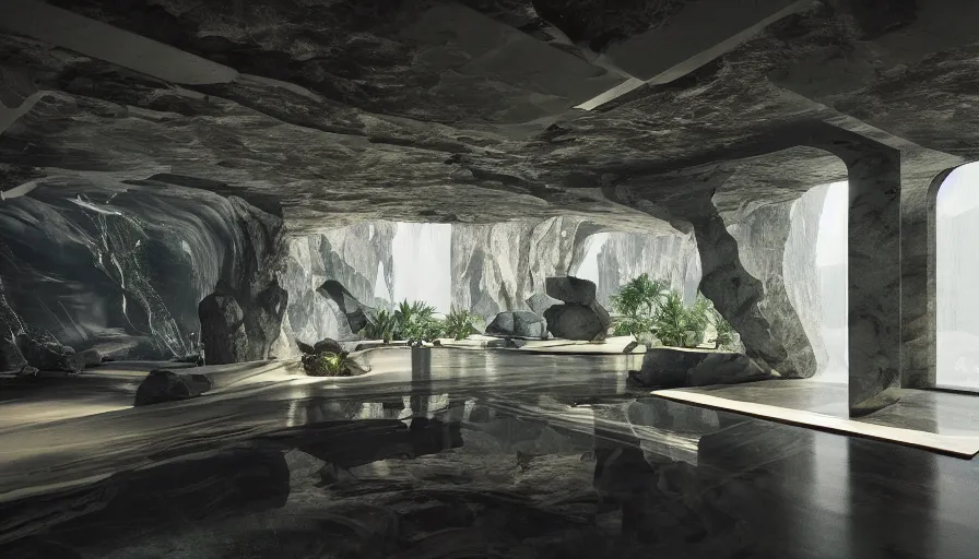 Image similar to a futuristic apartment interior in the style of a waterfall cave, plants, tiger skin carpet, greek marble statue, high ceiling, dark moody lighting, foggy atmosphere, 16mm lens, by frank lloyd wright, octane rendering