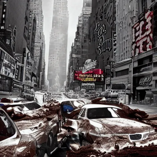 Image similar to tsunami of liquid chocolate on new york, post apocalyptic, cinematic