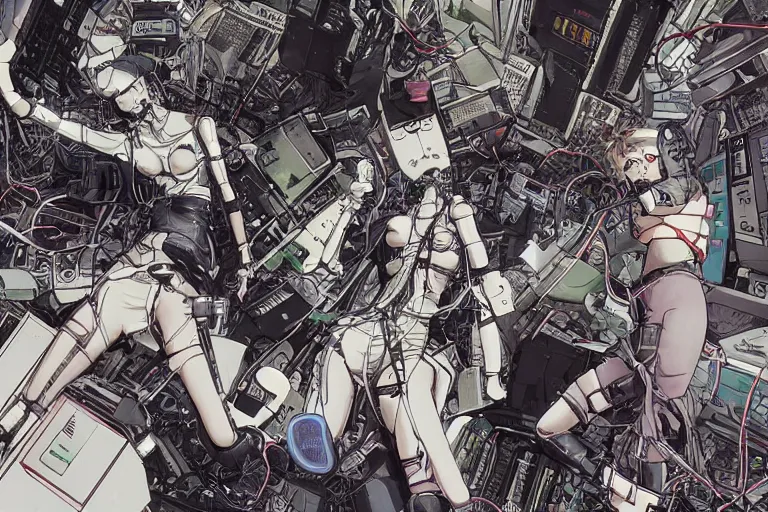 Image similar to a cyberpunk illustration of a group of female androids in style of masamune shirow, lying scattered across an empty, white floor with their bodies rotated in different poses and cables and wires coming out, by yukito kishiro and katsuhiro otomo, hyper-detailed, intricate